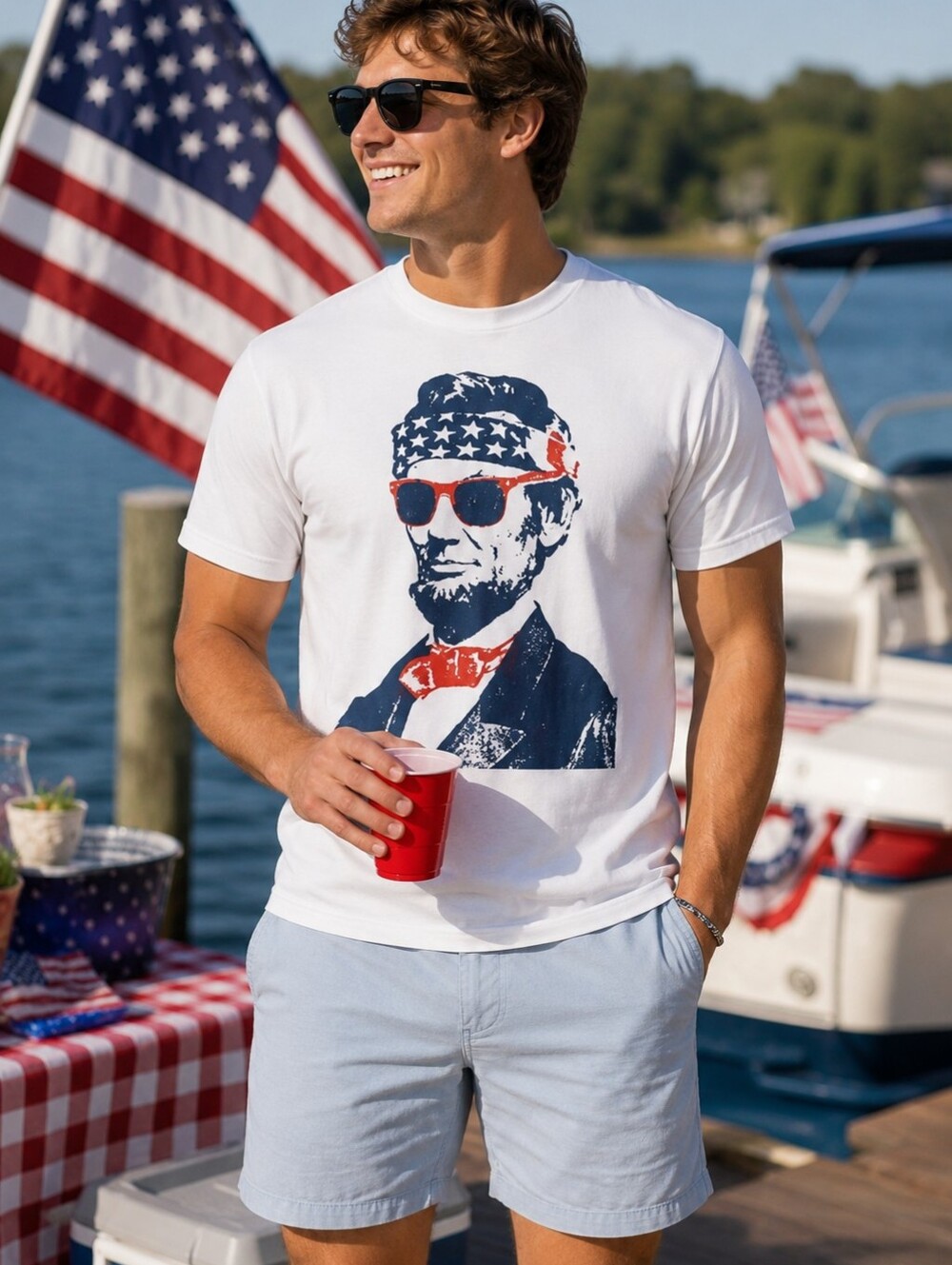 Well Worn Abraham Lincoln in Sunglasses Graphic T-shirt USA Patriotic Men's L